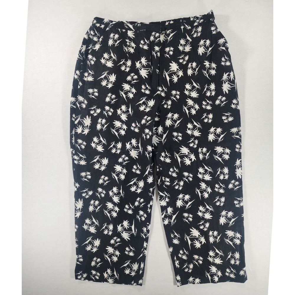 Laura Ashley Linen Crop Womens 16 Black White Palm Tree Print Trouser Pant Capri